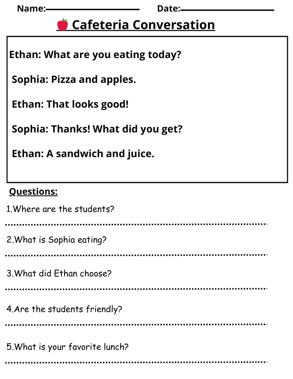 Cafeteria Conversation dialogue: Sophia and Ethan compare lunches, with five questions about lunch and friendliness