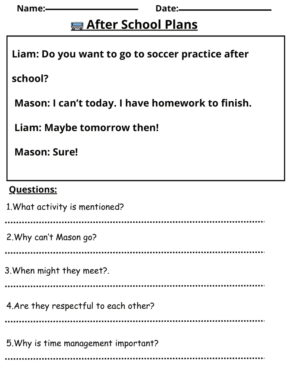 After School Plans dialogue: Mason has homework instead of soccer practice, followed by five questions