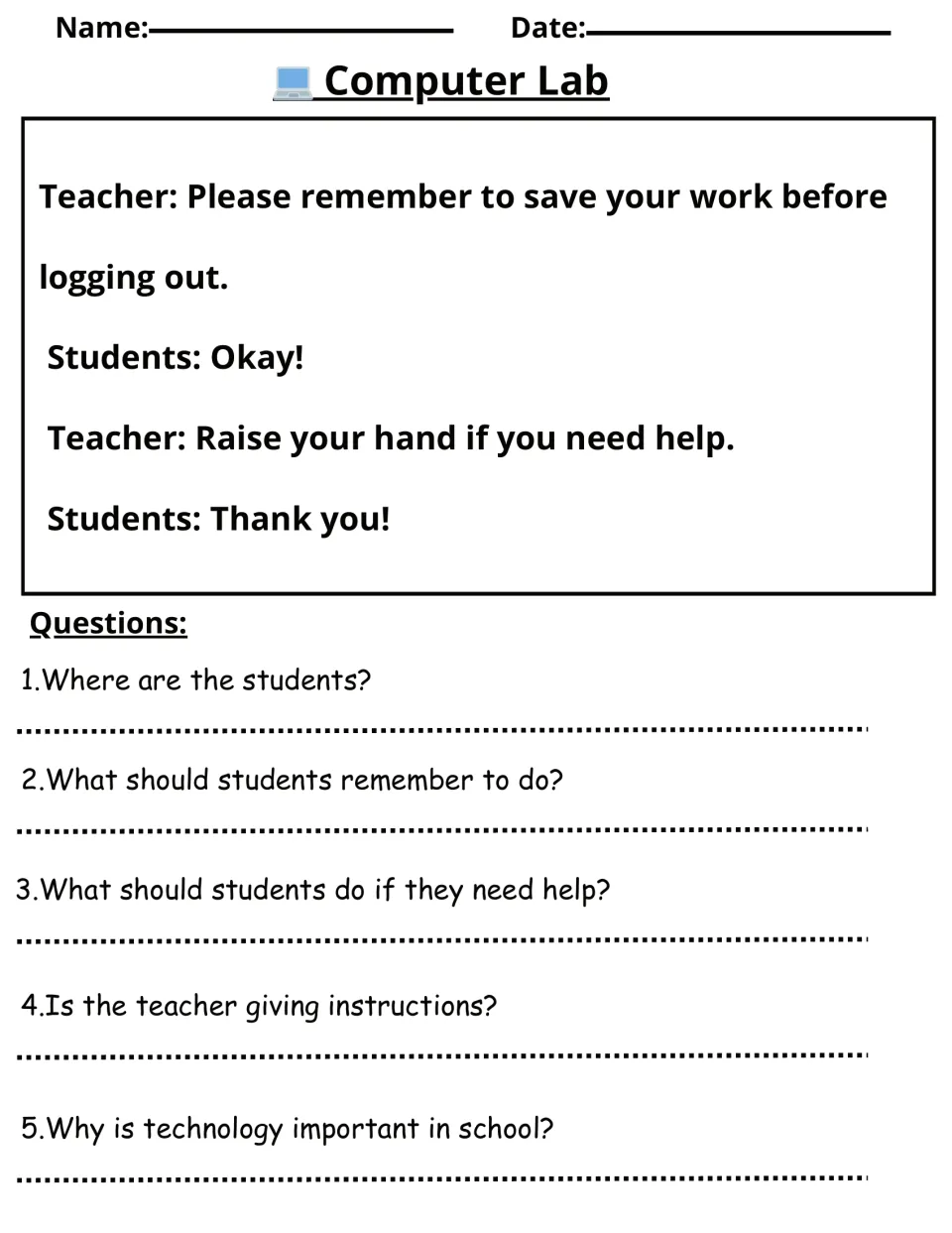 Computer Lab dialogue: a teacher explains saving work and asking for help, followed by five questions