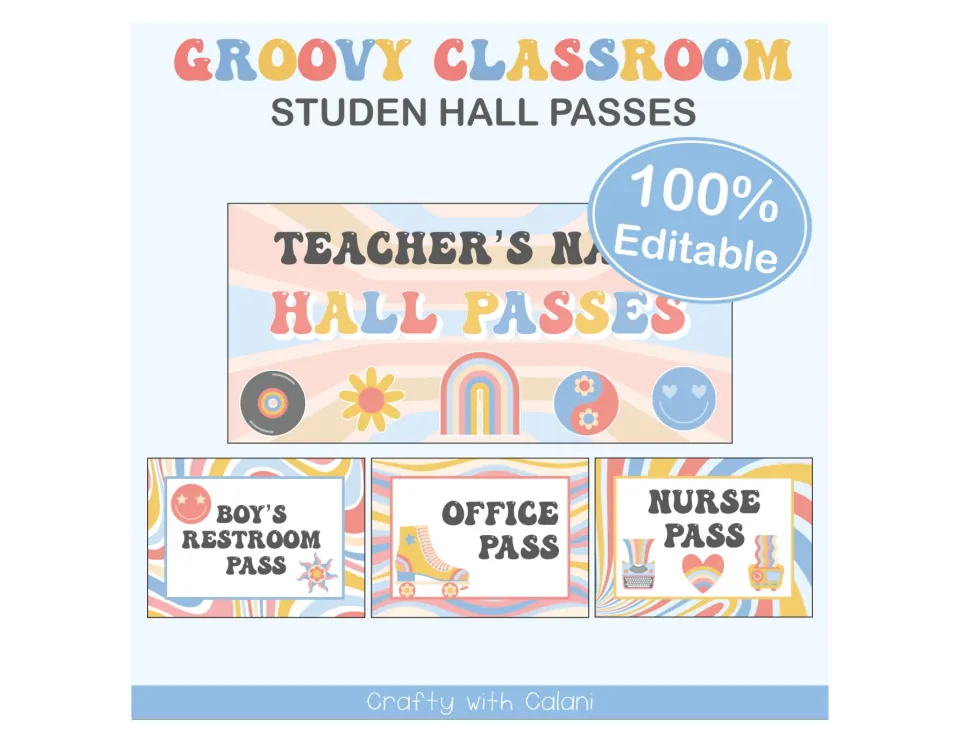 Groovy Classroom student hall passes cover: editable header plus boy's restroom, office and nurse passes in retro pastels