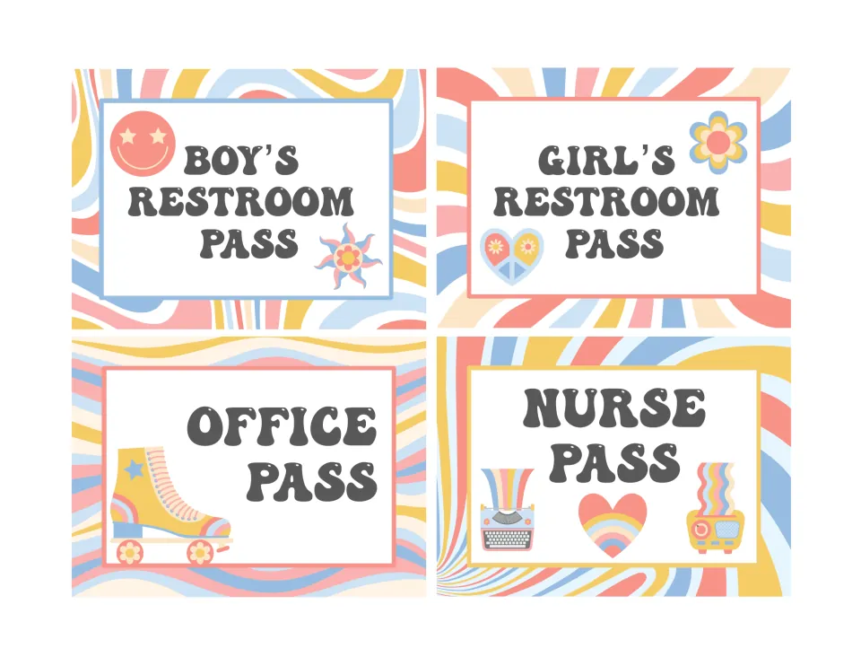 Four retro passes: boy's restroom, girl's restroom, office and nurse, with icons like a smiley and a roller skate