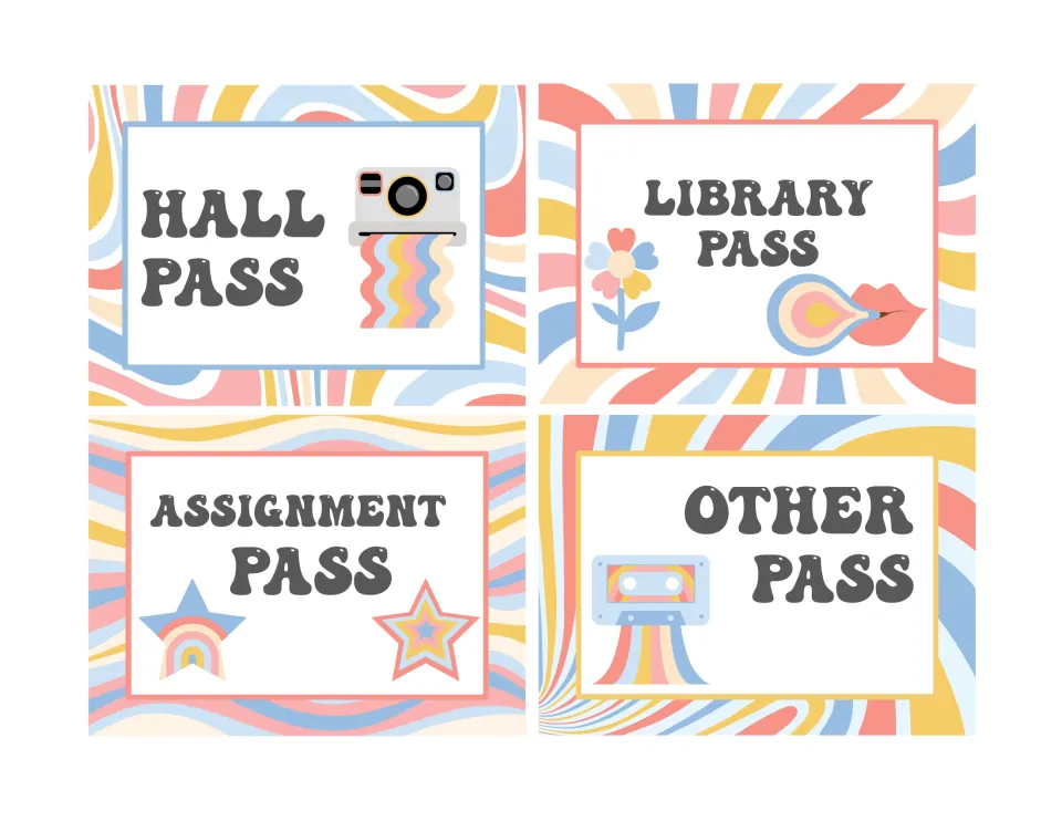 Four more retro passes labeled hall, library, assignment and other, with a camera, flower, stars and cassette tape