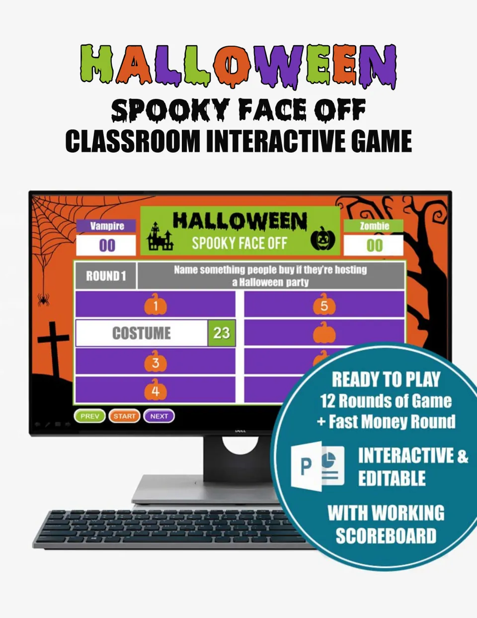 Halloween Spooky Face Off cover showing a sample game question, a costume answer, and team scores