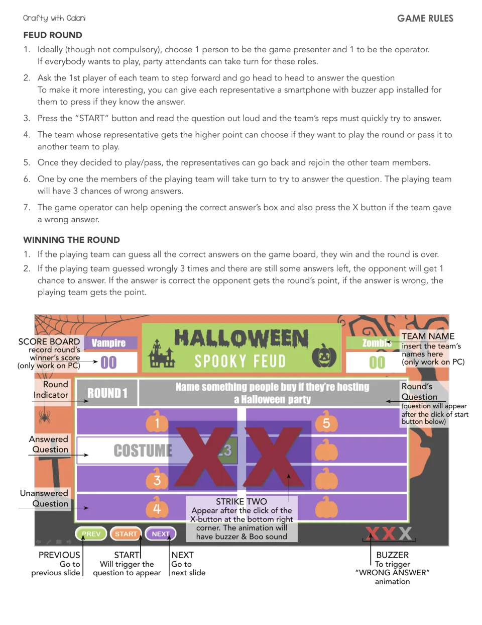 Feud round instructions explain face-offs, play or pass, three strikes, stealing points, and game controls