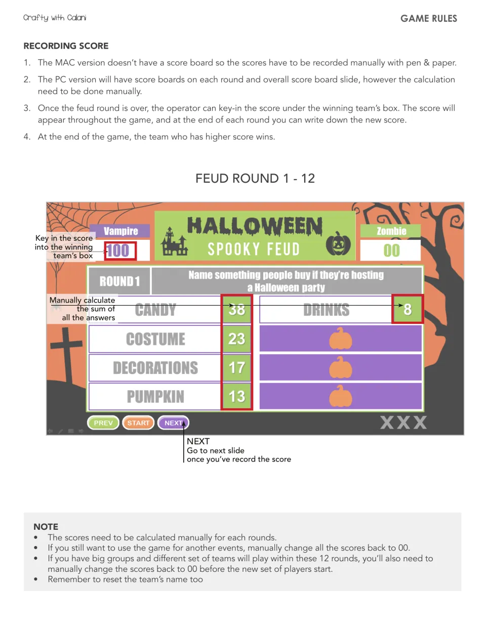 Scorekeeping instructions explain manual totals, PC score entry, Mac paper records, and resetting scores