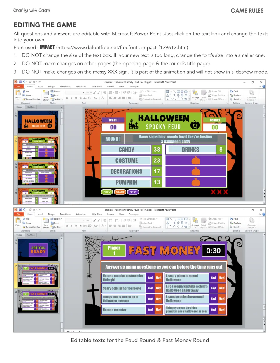 Editing instructions explain changing game questions and answers while preserving text sizes and animations
