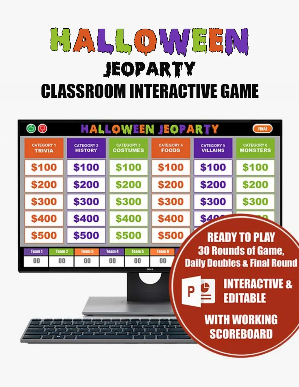 Halloween game cover showing Trivia, History, Costumes, Foods, Villains, and Monsters categories