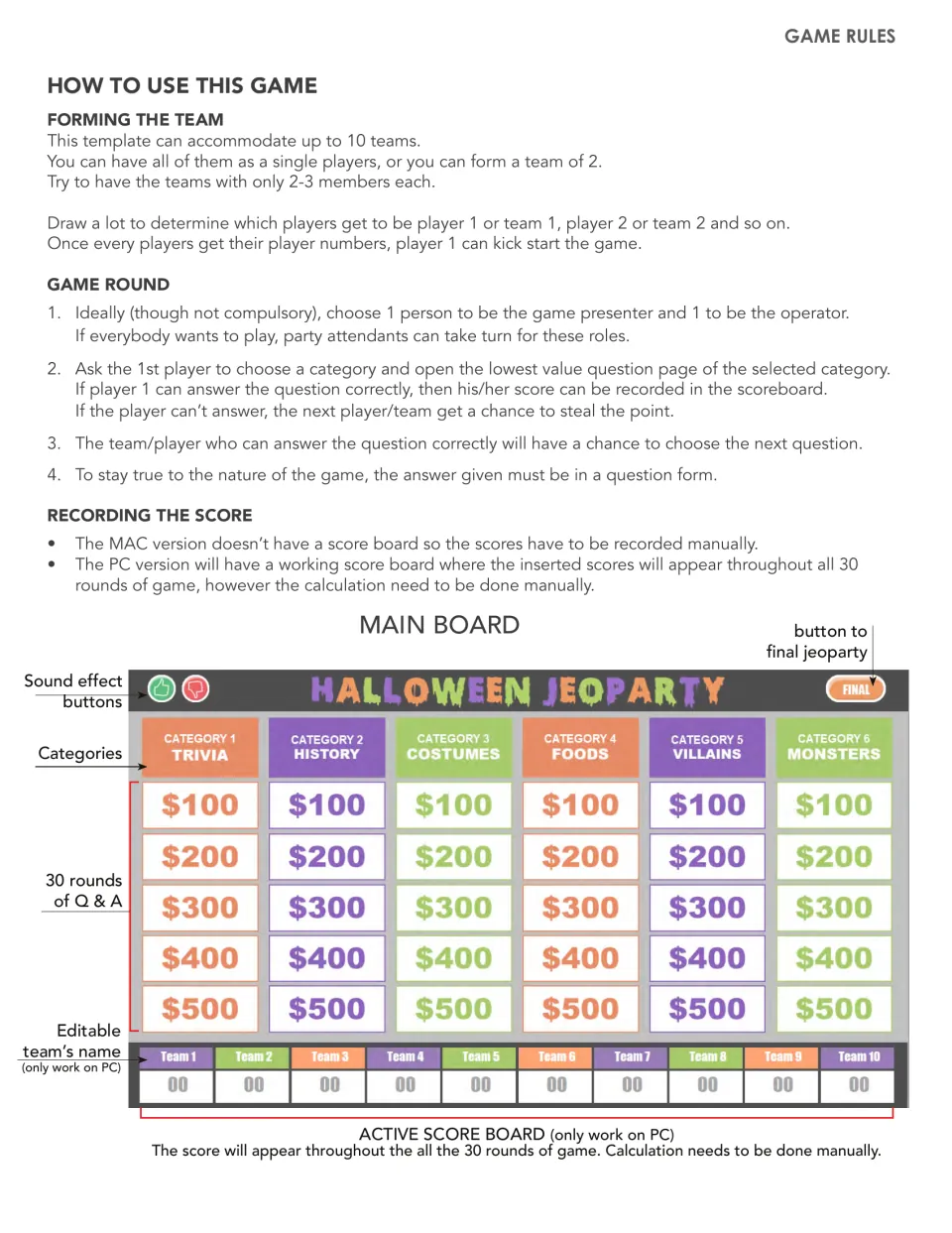 Gameplay instructions cover forming up to 10 teams, choosing questions, and recording scores on the PC