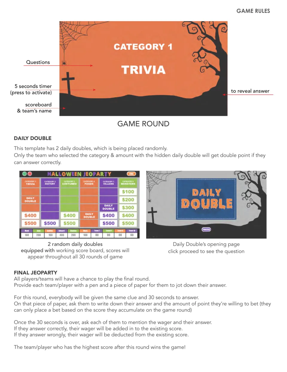 Round instructions identify the five-second timer, answer reveal, two Daily Doubles, and final wagering