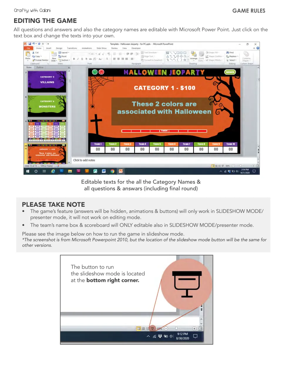 Editing instructions explain changing category names, questions, and answers in PowerPoint and using slideshow mode