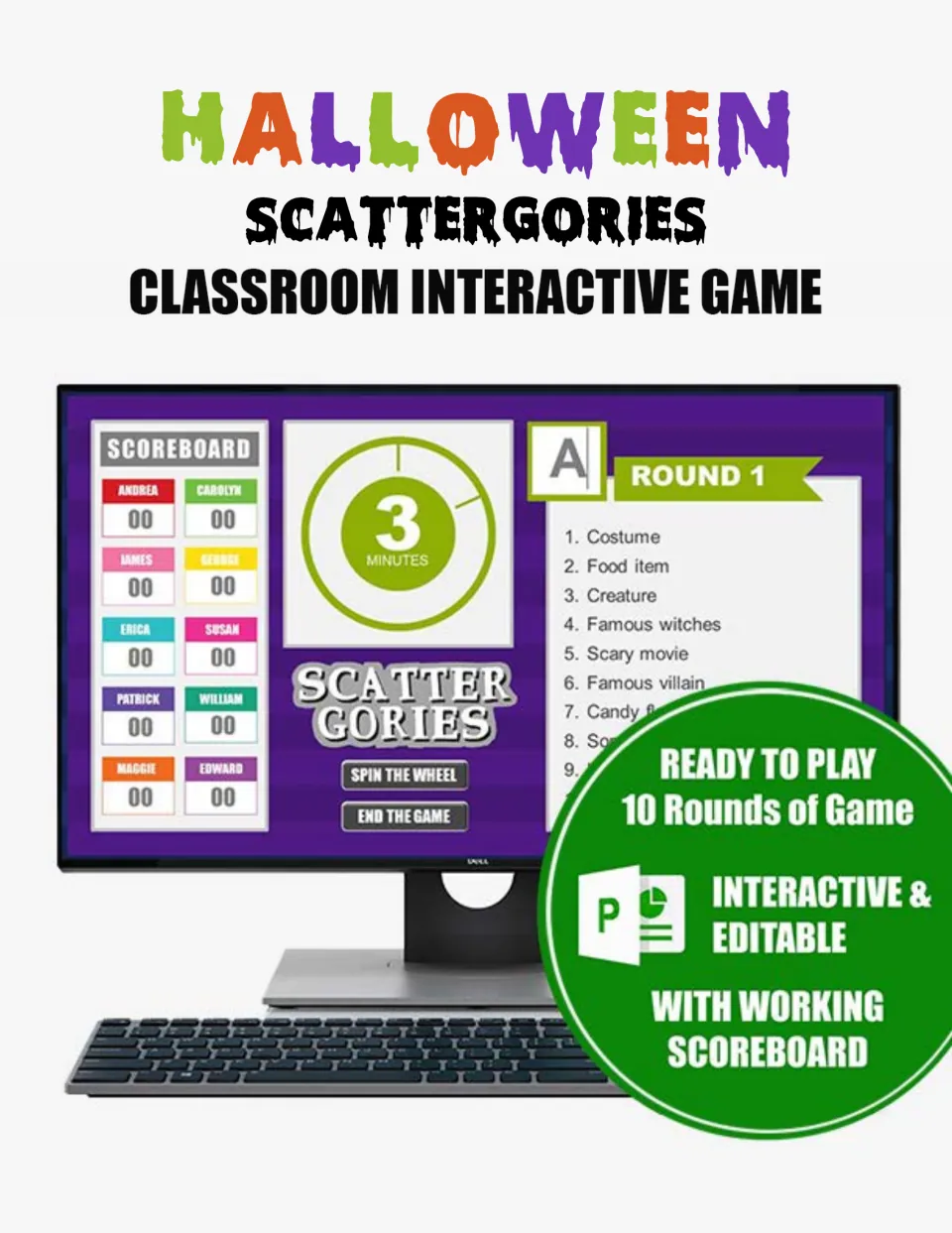 Halloween Scattergories cover: game slide with scoreboard, 3-minute timer and Round 1 categories, 10 rounds, editable