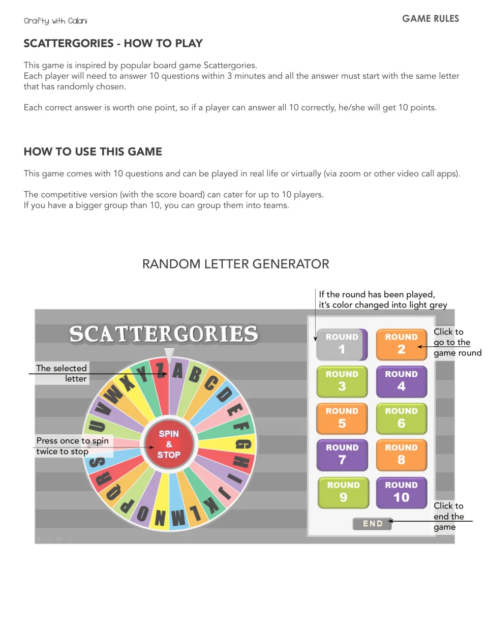 How to play: answer 10 categories in 3 minutes with words starting with one letter, chosen by a spinning letter wheel