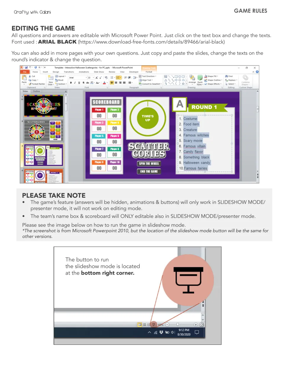 Editing the game: change category text in PowerPoint, copy slides to add rounds, Arial Black font and slideshow tip