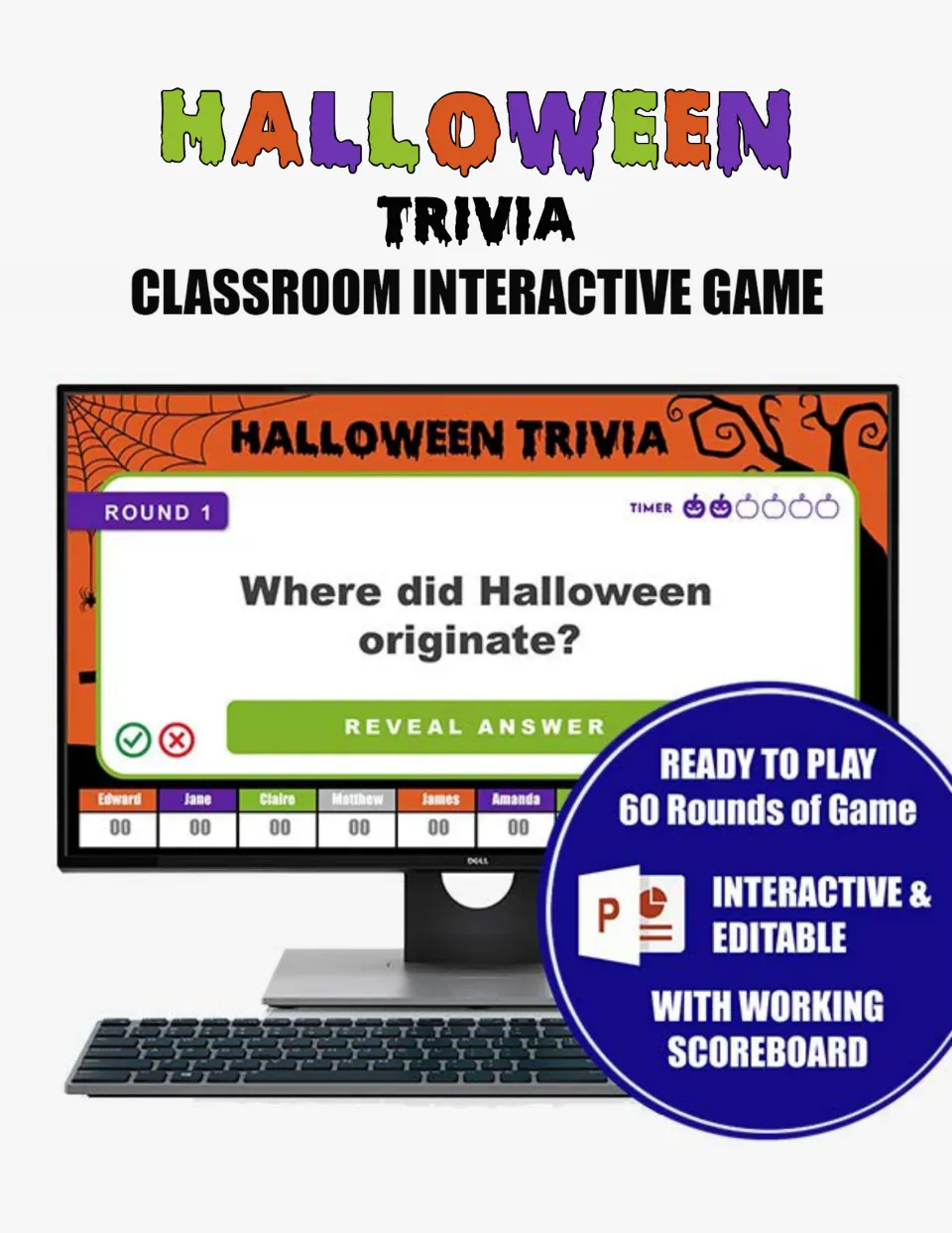 Halloween trivia game cover: a Round 1 slide asks where Halloween originated, with timer, scoreboard and 60 rounds noted