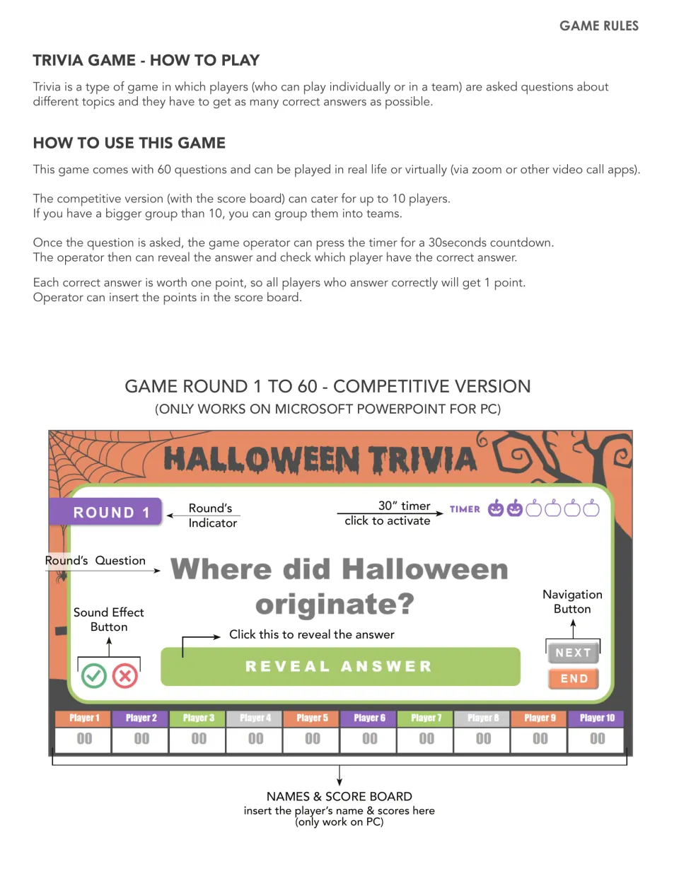 How to play: 60 questions for up to 10 players or teams, 30-second timer, one point per answer, labeled competitive slide