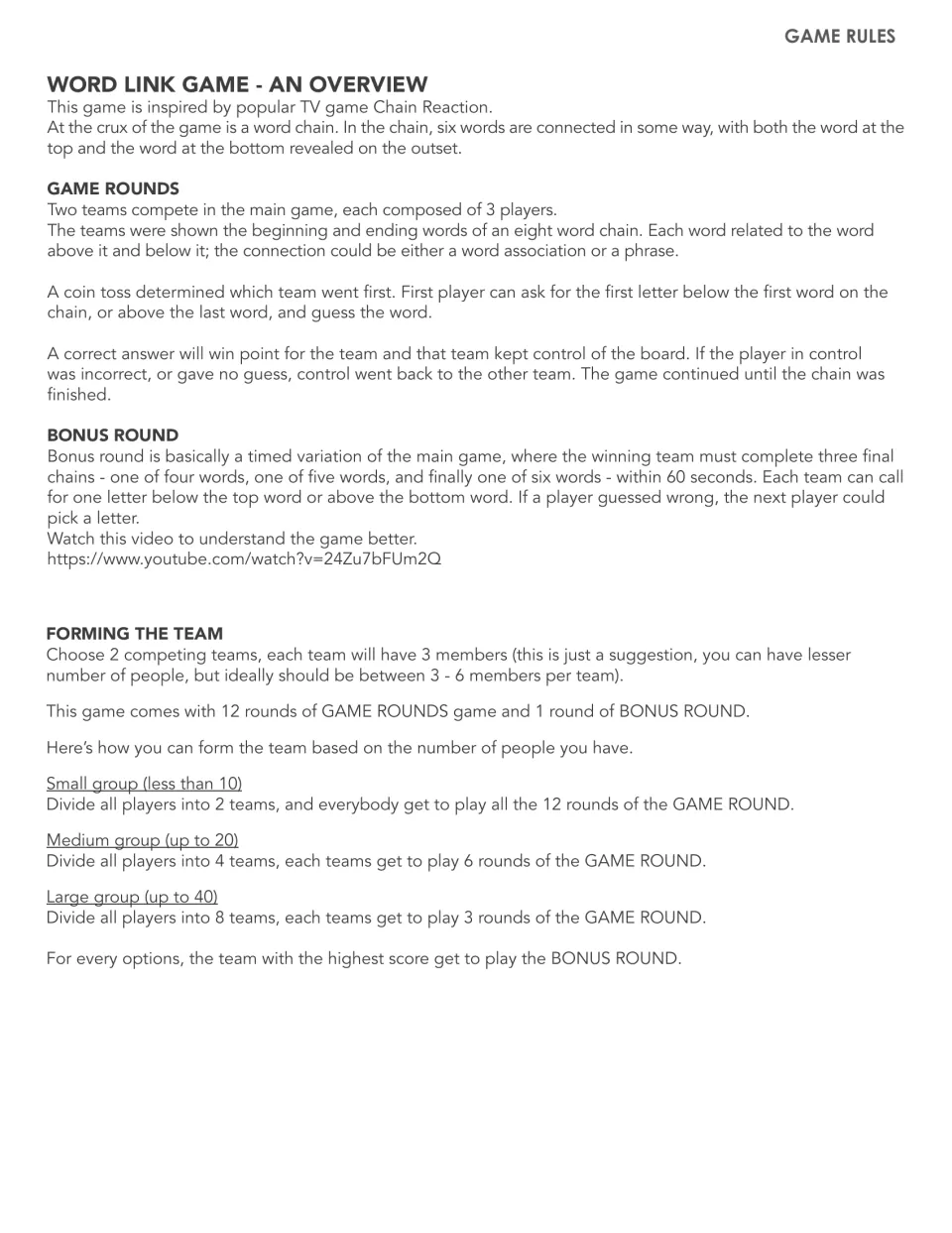Word chain rules overview: teams guess linked words from first letters, plus a timed bonus round and team sizes by group