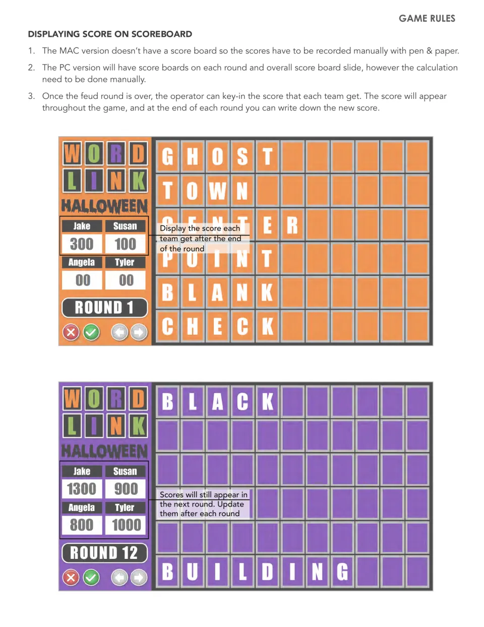 Scoreboard instructions: PC version lets the operator type team scores each round; sample boards show Round 1 and Round 12
