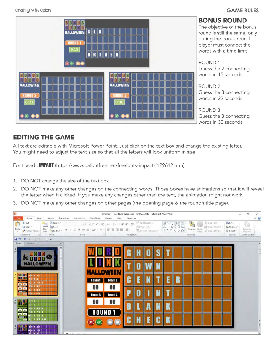 Bonus round timers of 15, 22 and 30 seconds, plus tips for editing the words in PowerPoint without breaking the animations