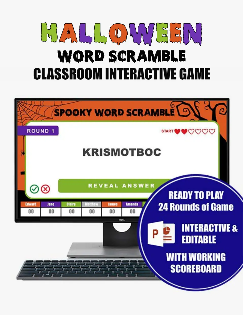 Halloween word scramble cover: sample slide KRISMOTBOC, 24 rounds, editable PowerPoint with working scoreboard