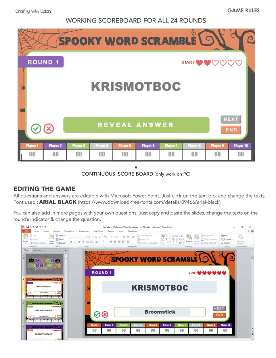 Editing guide: continuous scoreboard for all 24 rounds and steps to change words in PowerPoint; sample answer Broomstick