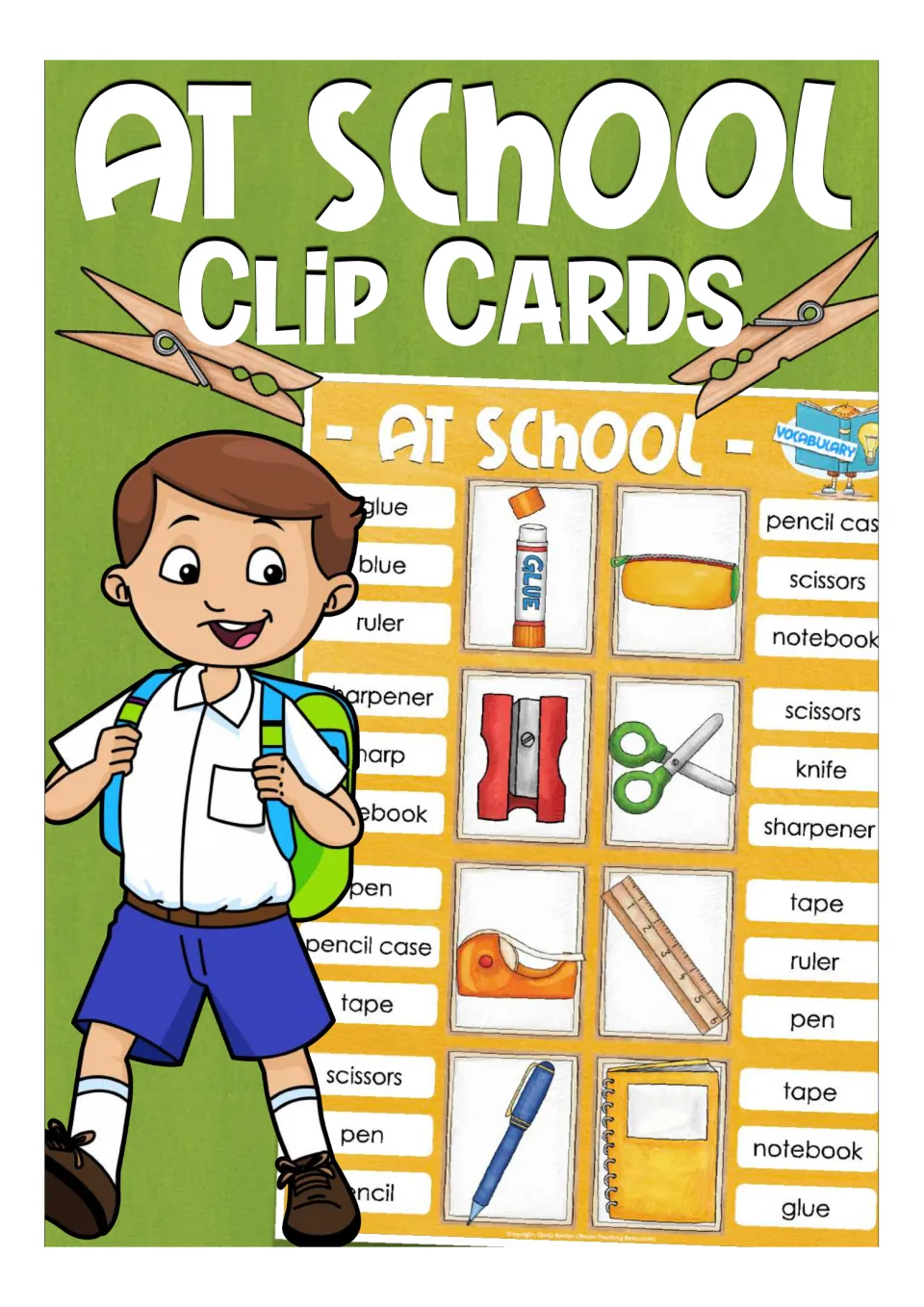 At School Clip Cards cover: vocabulary cards pairing pictures of glue, scissors, ruler and pen with three word choices
