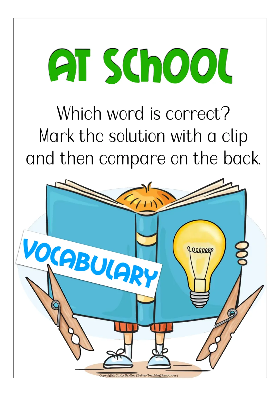 Vocabulary section title: Which word is correct? Students mark the answer with a clip, then check it on the back