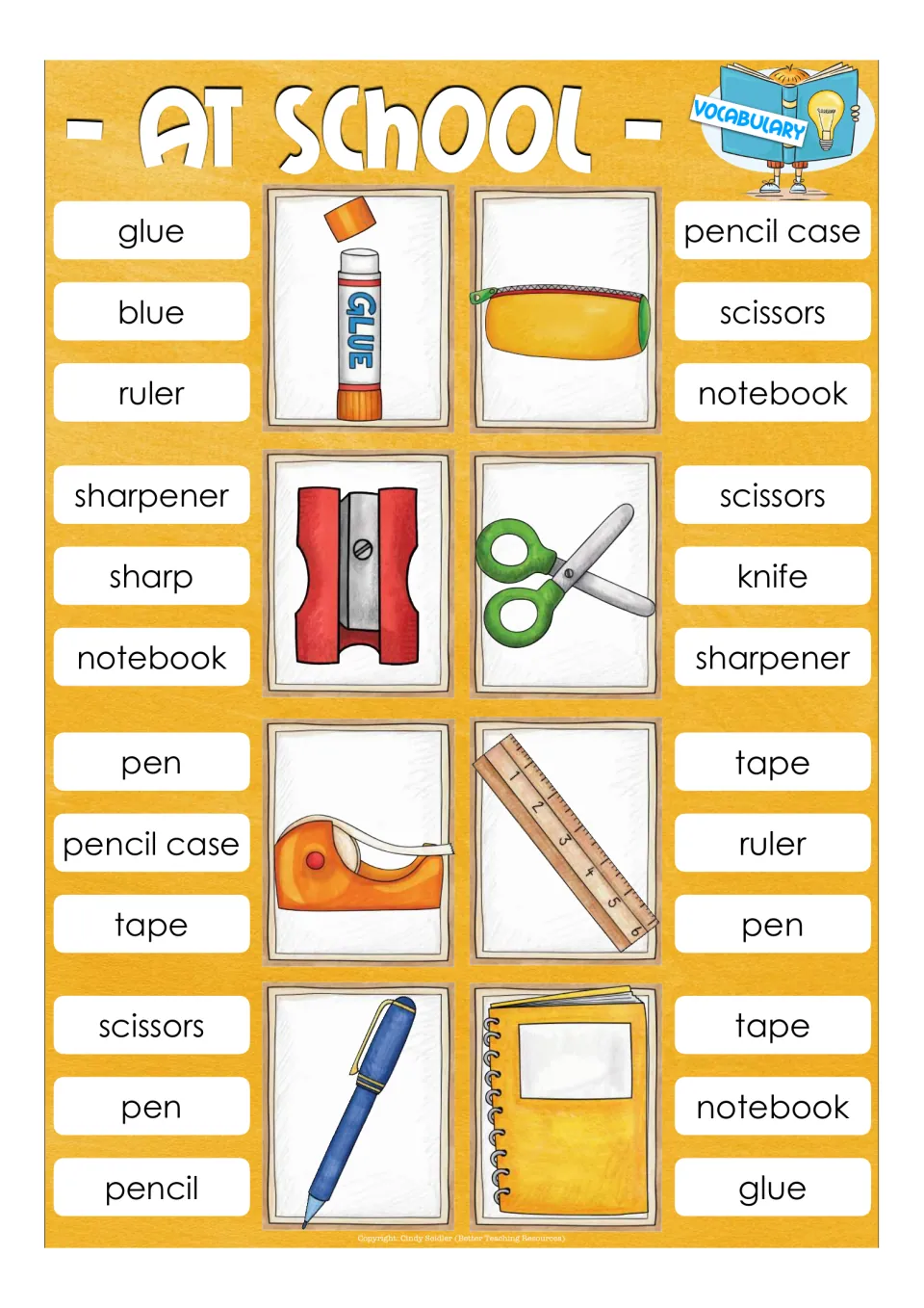 School supplies vocabulary: students clip the right word for glue, pencil case, sharpener, scissors, tape, ruler and pen
