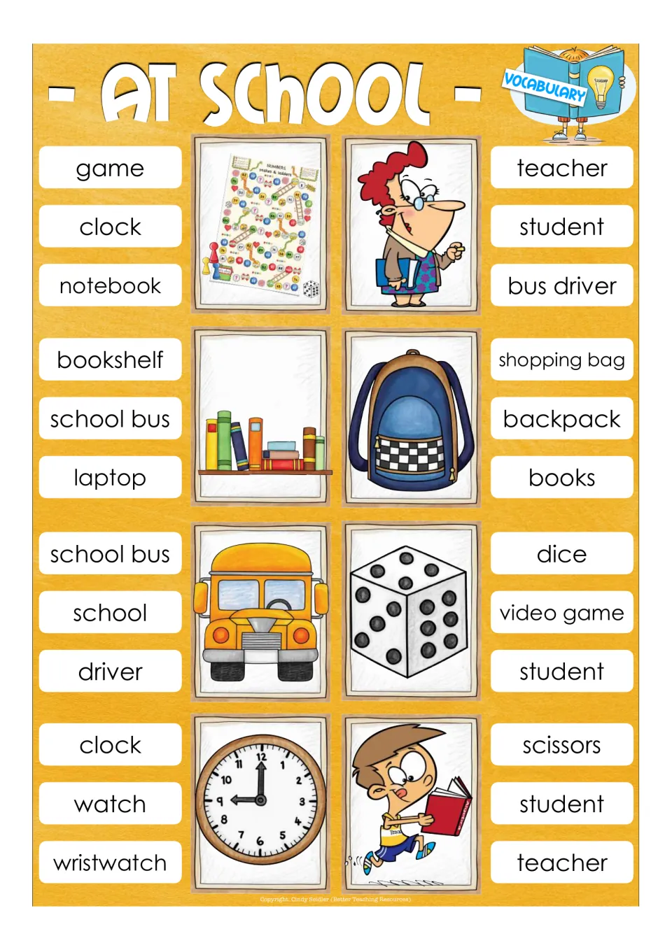 School life vocabulary: students choose the word for game, teacher, bookshelf, backpack, school bus, dice, clock, student