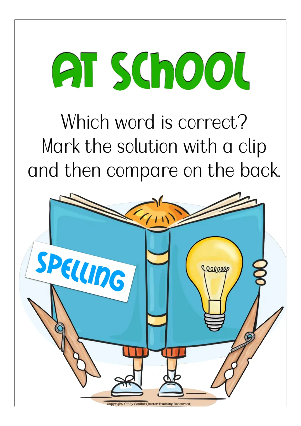 Spelling section title: Which word is correct? Students clip the right spelling, then turn the card over to check