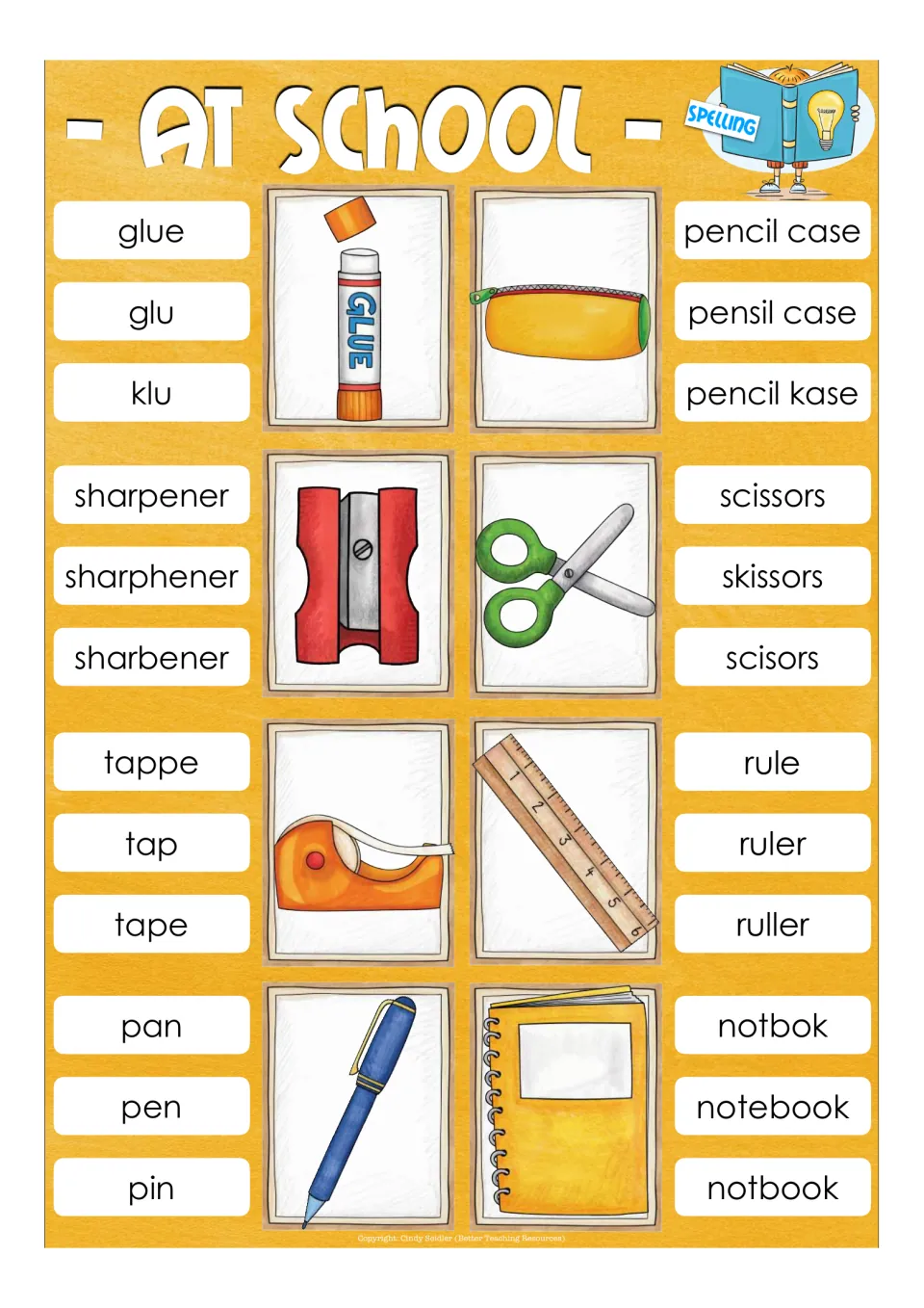 Spelling school supplies: students clip the correct spelling of glue, scissors, tape, ruler, pen and notebook