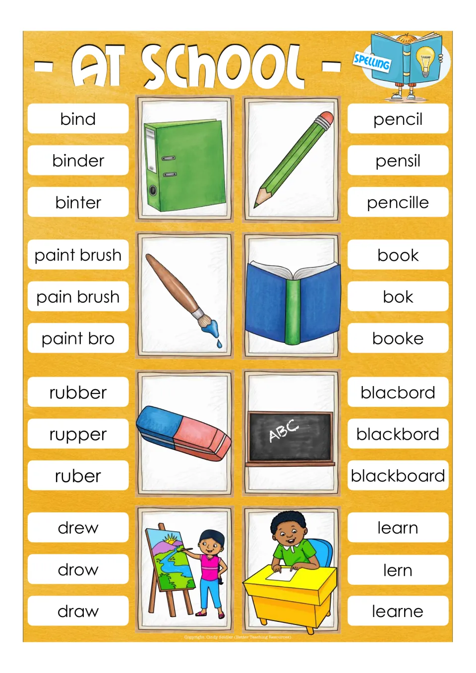 Spelling classroom words: students choose binder, pencil, book, rubber, blackboard, draw and learn over misspellings