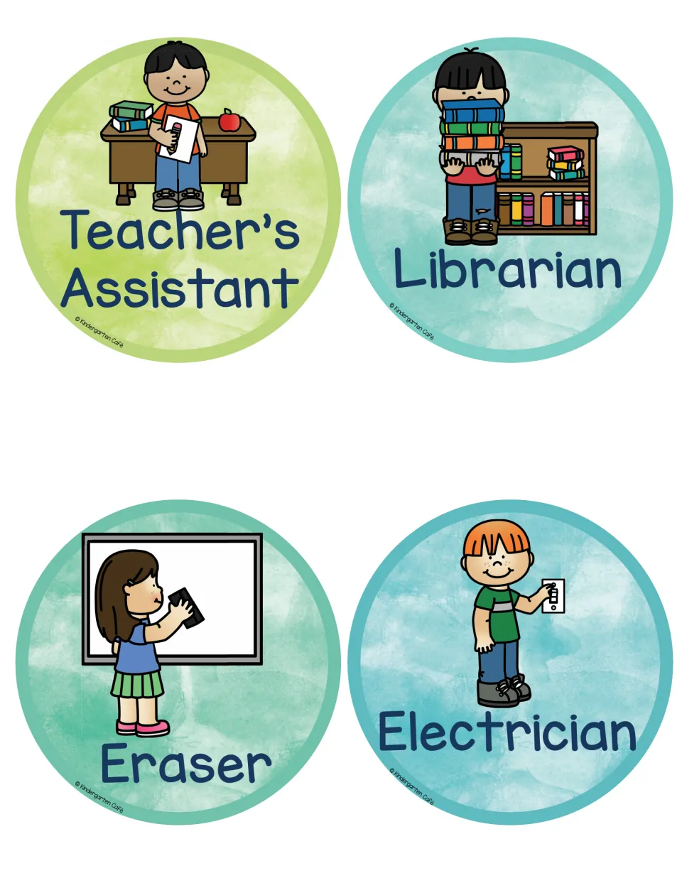 Round class job labels for Teacher's Assistant, Librarian, Eraser and Electrician, each with a child acting out the task