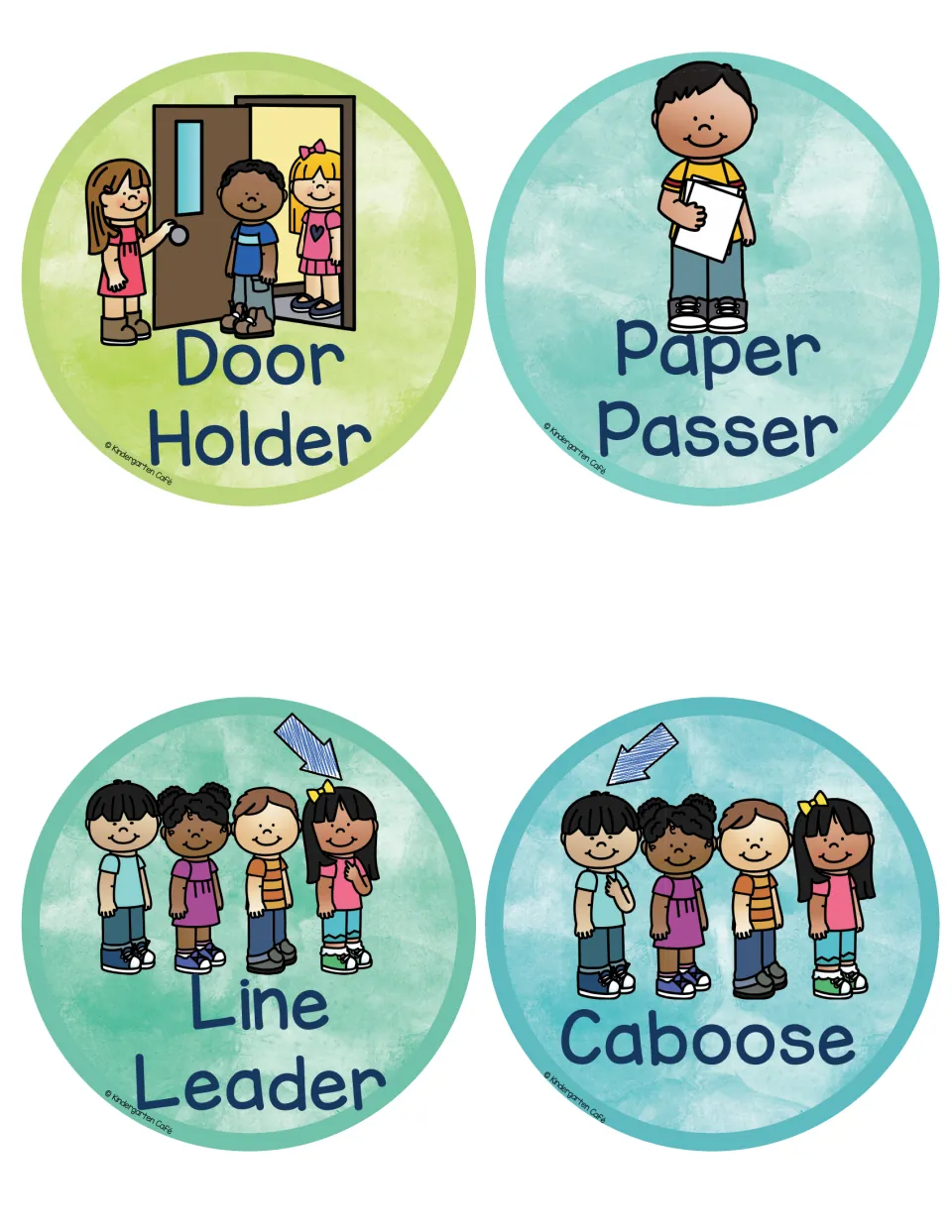Job labels for Door Holder, Paper Passer, Line Leader and Caboose, with arrows marking the front and back of a student line