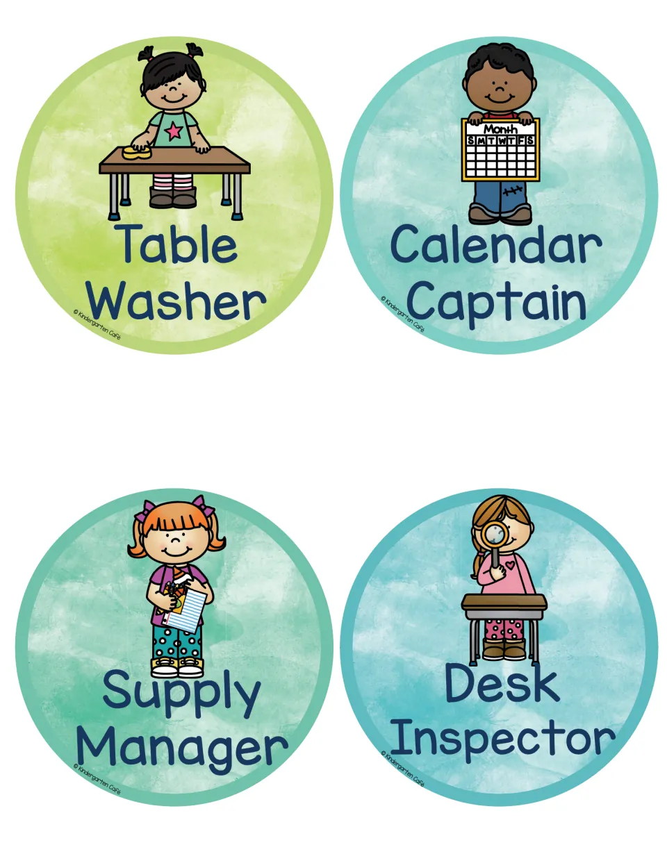 Job labels for Table Washer, Calendar Captain, Supply Manager and Desk Inspector, showing a sponge, calendar and magnifier