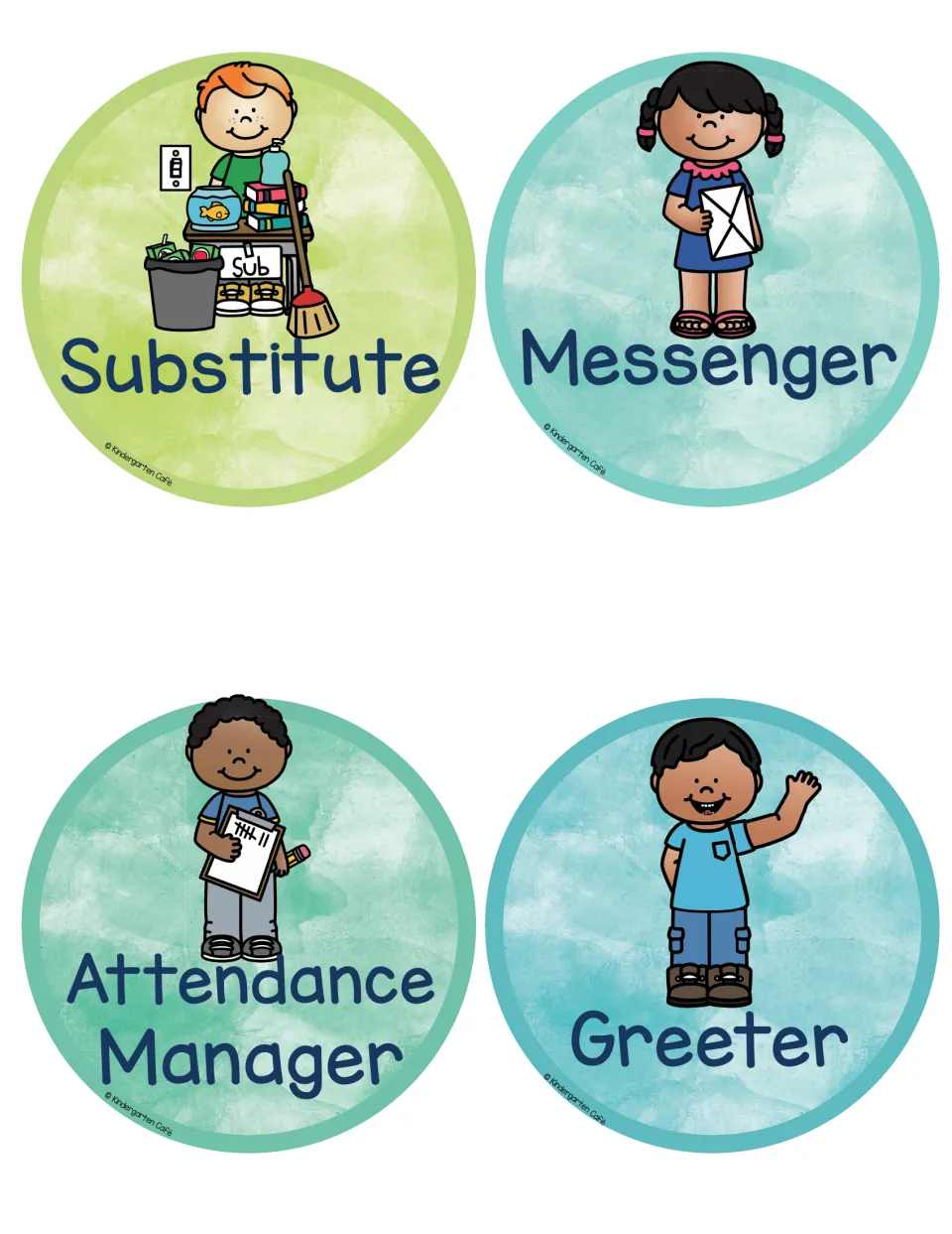 Job labels for Substitute, Messenger, Attendance Manager and Greeter, with a child holding an envelope and one waving hello
