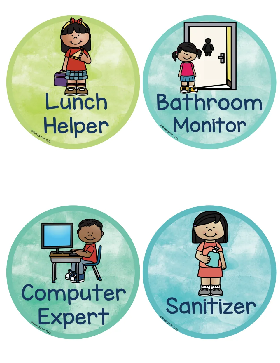 Job labels for Lunch Helper, Bathroom Monitor, Computer Expert and Sanitizer, showing a lunch bag, restroom door and PC