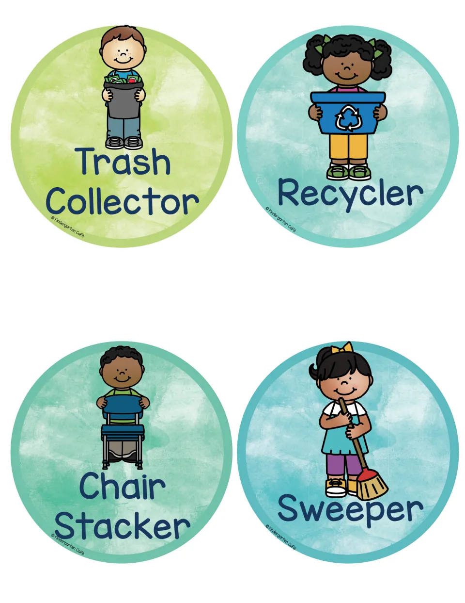 Cleanup job labels for Trash Collector, Recycler, Chair Stacker and Sweeper, with a trash can, recycling bin and broom