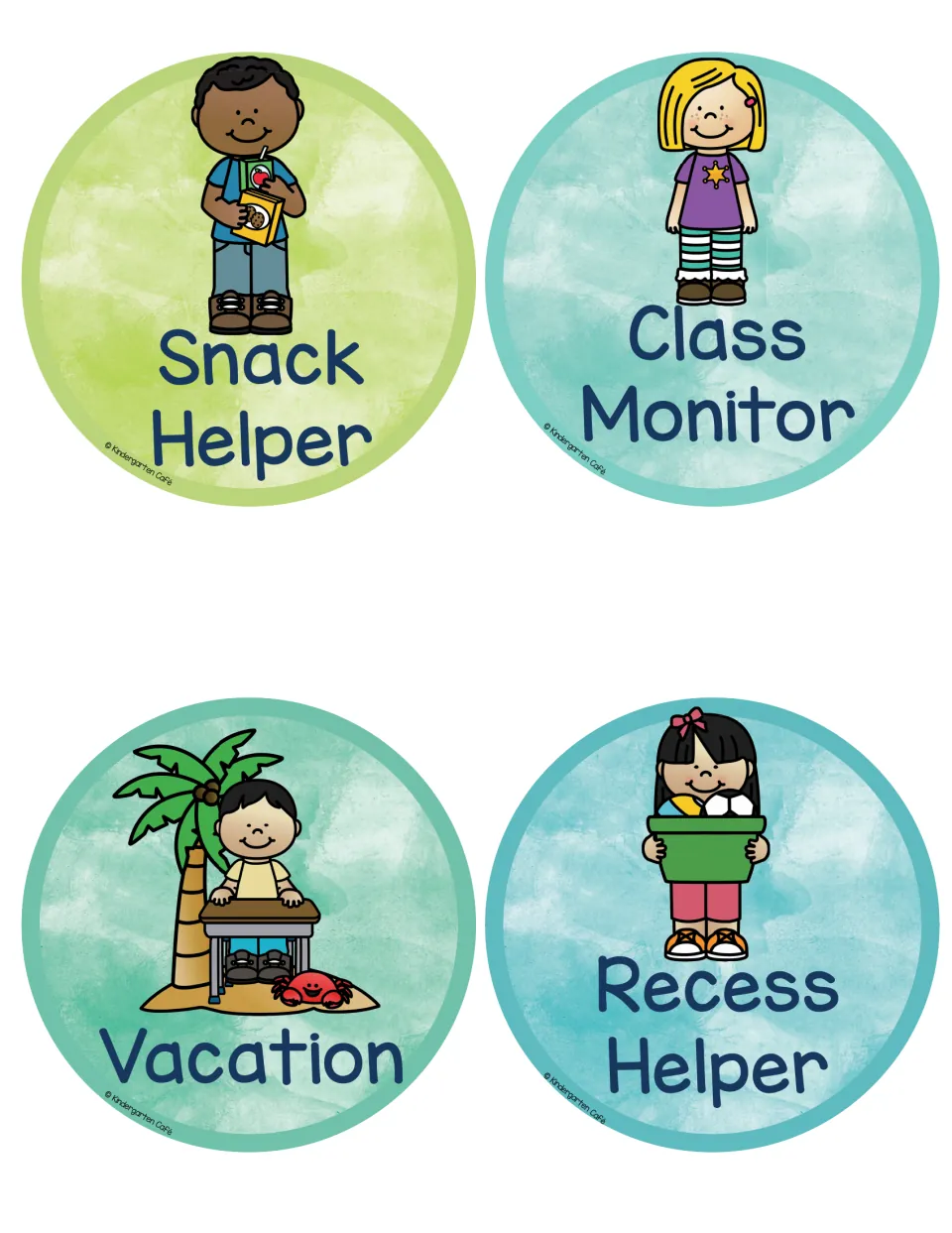 Job labels for Snack Helper, Class Monitor, Vacation and Recess Helper; Vacation shows a child at a desk under a palm tree