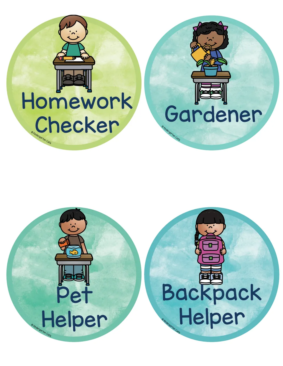 Job labels for Homework Checker, Gardener, Pet Helper and Backpack Helper, showing a watering can, fishbowl and backpack