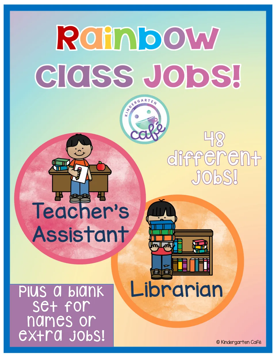 Rainbow Class Jobs cover: 48 different job labels plus a blank set, shown with Teacher's Assistant and Librarian samples