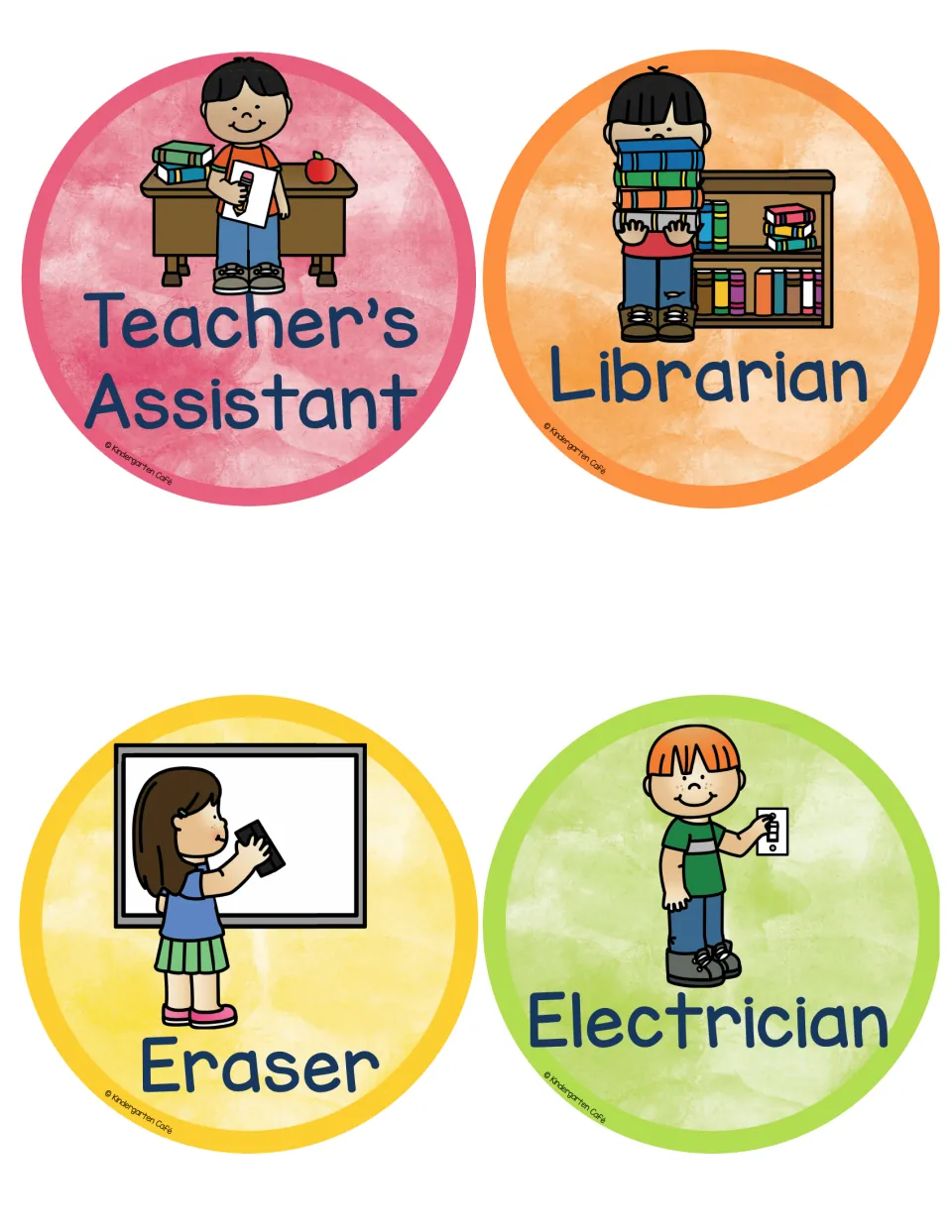Round job labels for Teacher's Assistant, Librarian, Eraser and Electrician, each with a child doing that classroom task