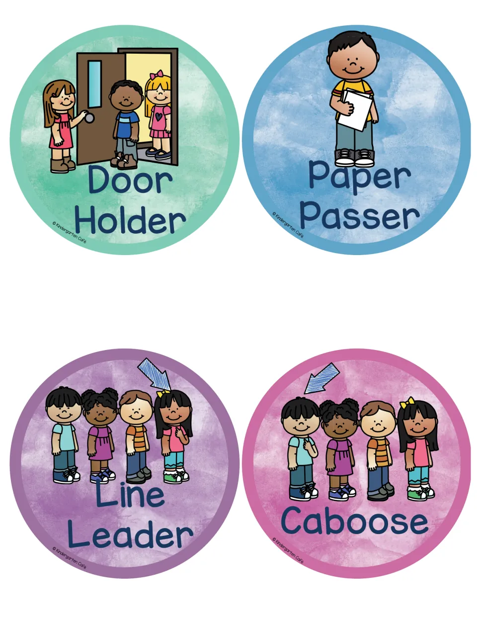 Door Holder, Paper Passer, Line Leader and Caboose job labels, with arrows marking the first and last child in a queue