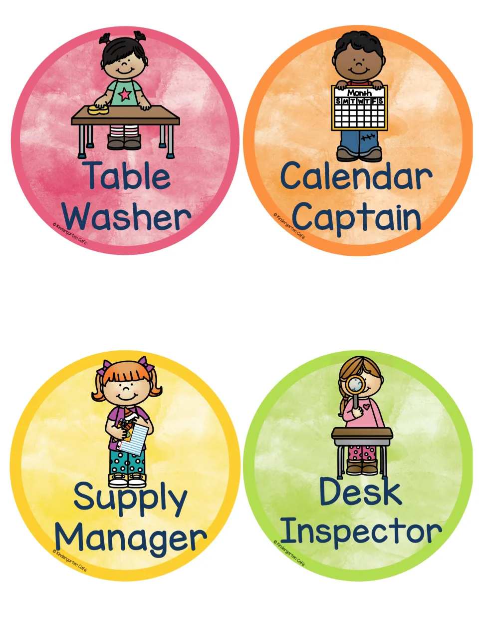Table Washer, Calendar Captain, Supply Manager and Desk Inspector job labels; one child checks a desk with a magnifier