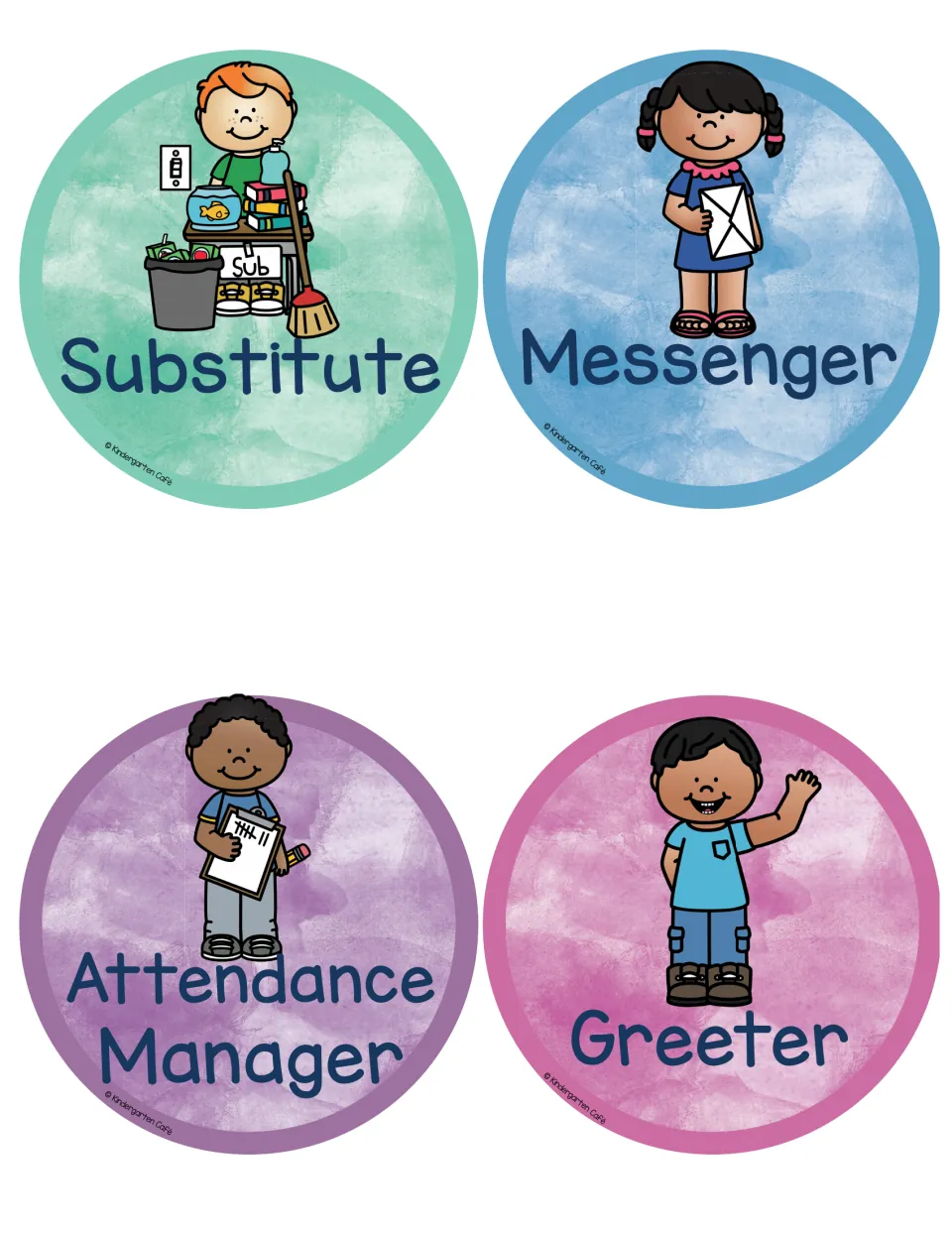 Substitute, Messenger, Attendance Manager and Greeter job labels; a child carries an envelope, another waves hello