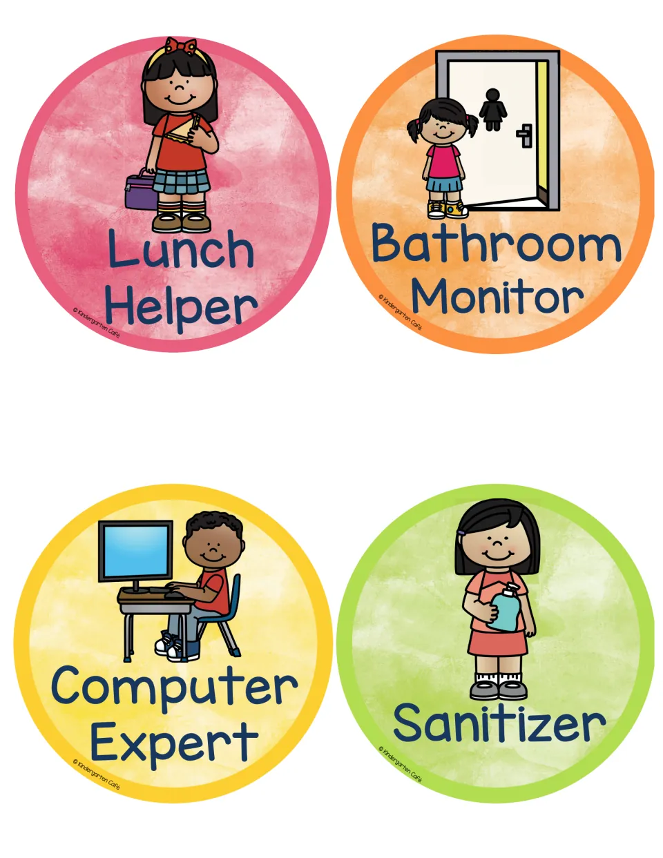 Lunch Helper, Bathroom Monitor, Computer Expert and Sanitizer job labels with kids holding a lunchbox or typing