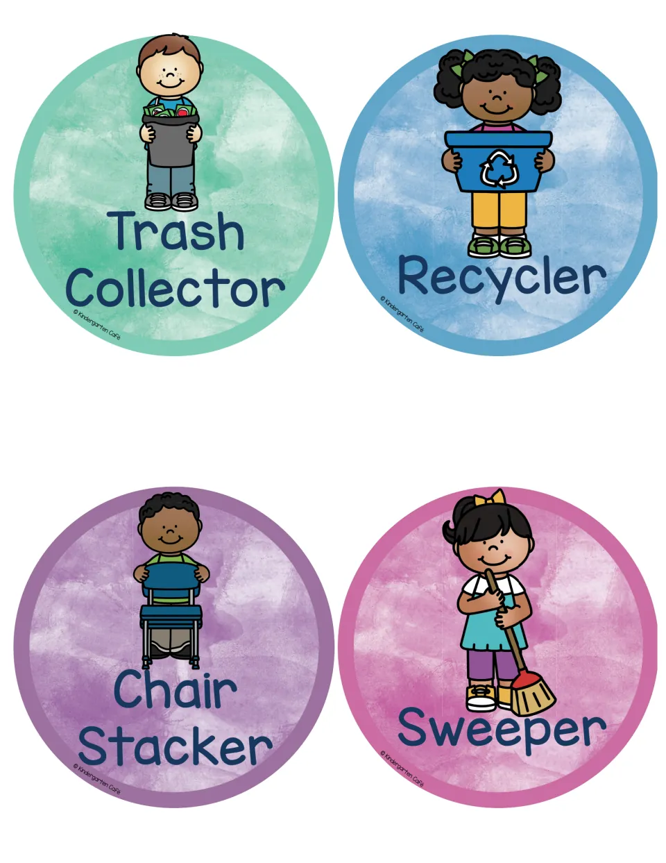 Trash Collector, Recycler, Chair Stacker and Sweeper job labels showing a trash can, recycling bin, chair and broom