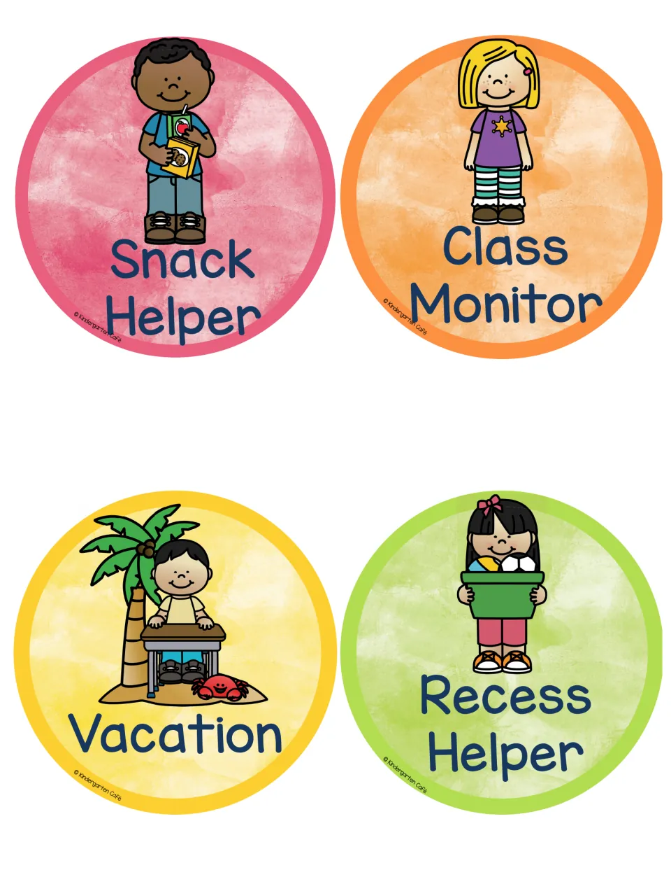 Snack Helper, Class Monitor, Vacation and Recess Helper labels; Vacation shows a child at a desk on a beach island
