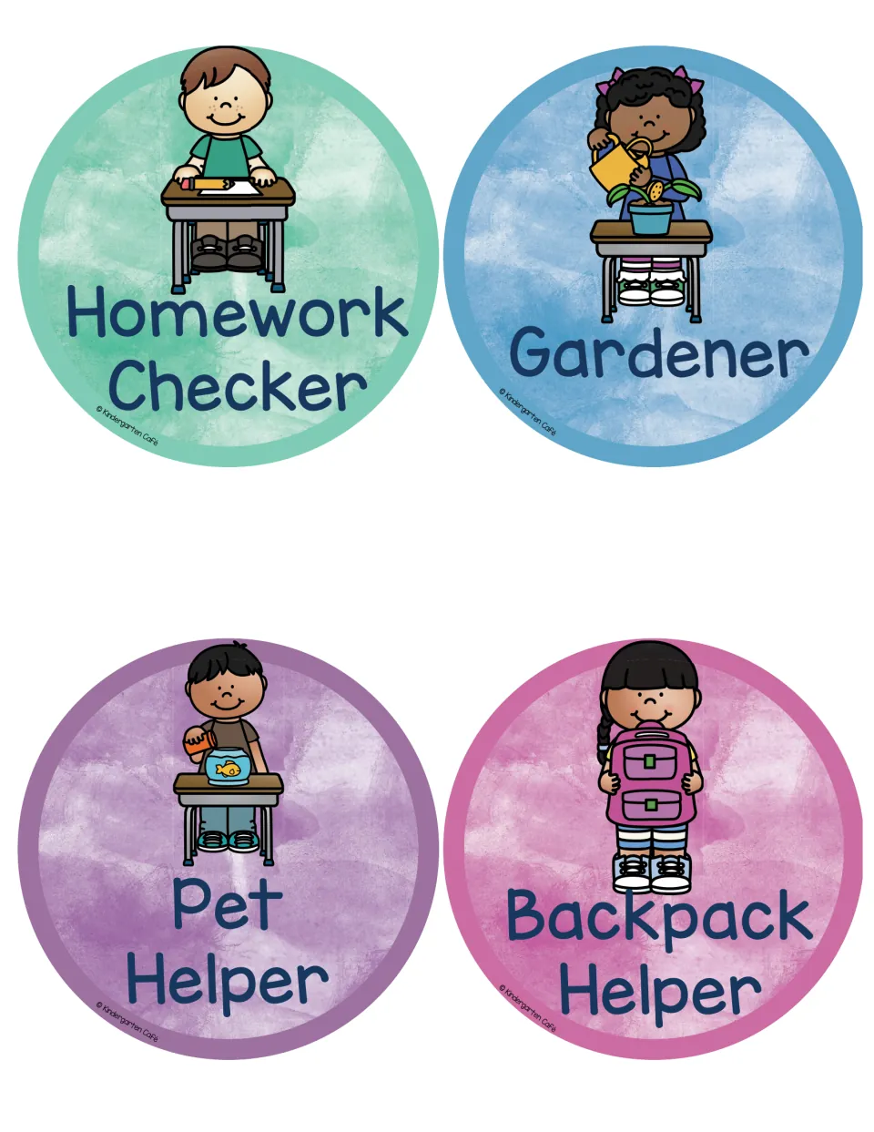 Homework Checker, Gardener, Pet Helper and Backpack Helper job labels with kids watering a plant and feeding a goldfish