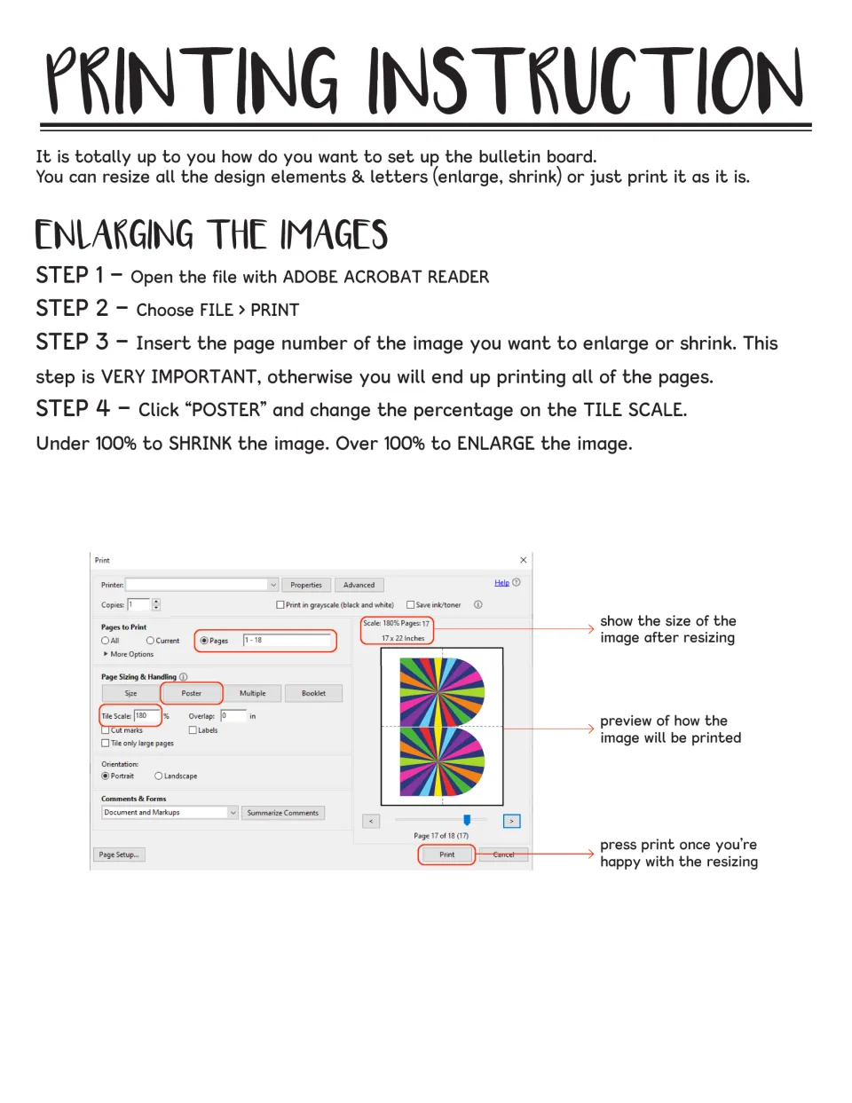 Printing instructions for enlarging images: four Adobe Reader steps using Poster and Tile Scale, with a print dialog shown