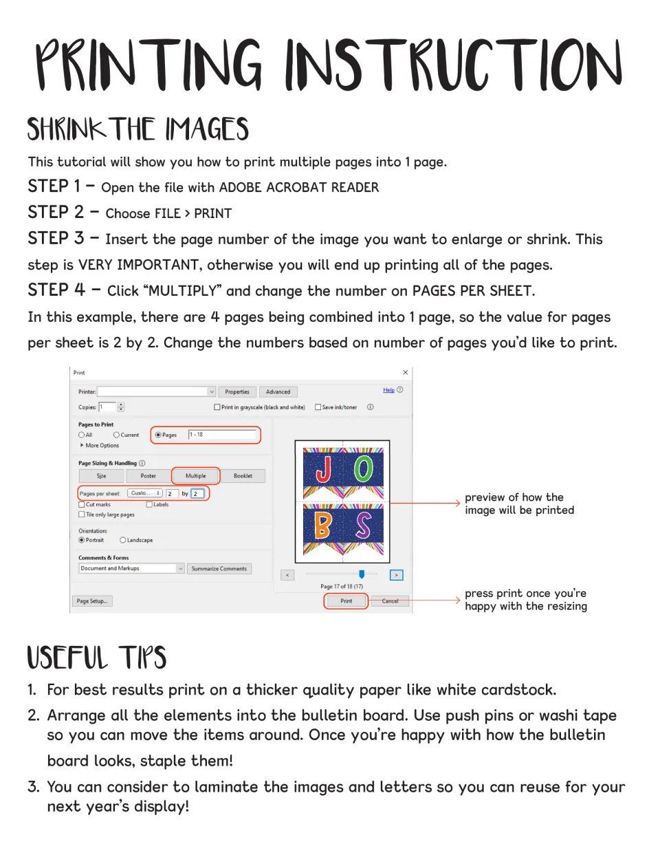 Printing instructions for shrinking images with Multiple pages per sheet, plus tips on cardstock, pinning and laminating